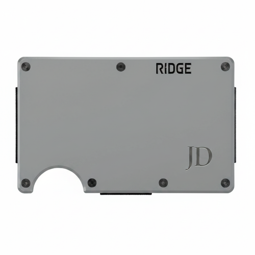 Slate gray Ridge wallet with laser engraved monogram JD