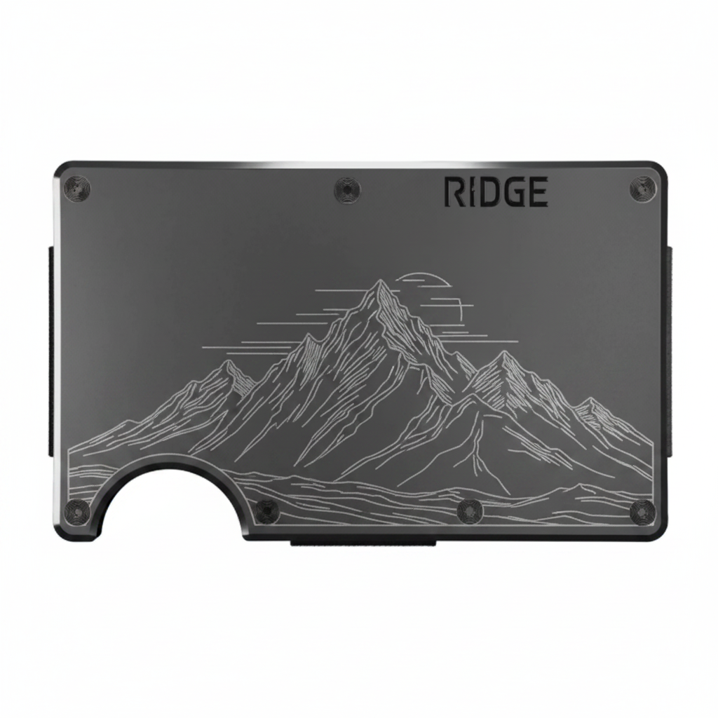 Gunmetal black Ridge wallet with laser engraved mountain range