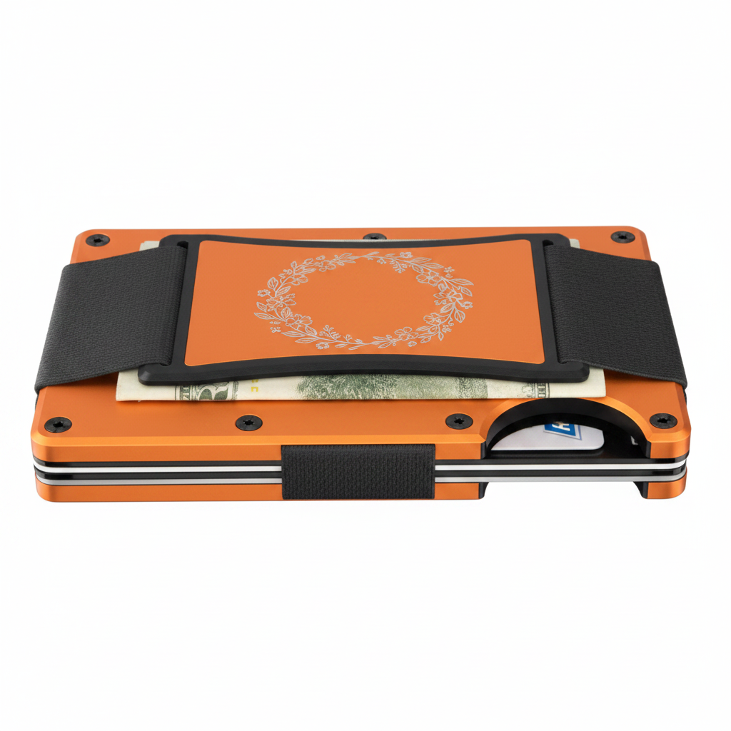 Orange Ridge wallet with laser engraved floral wreath design