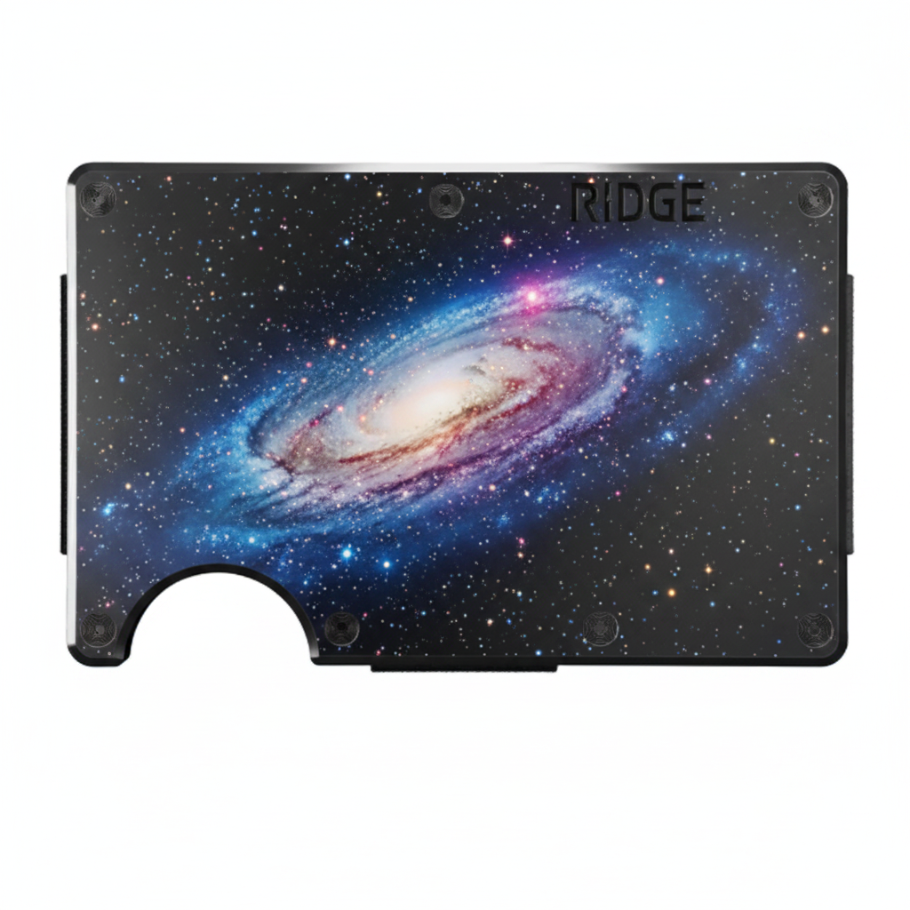 Gunmetal black Ridge wallet with UV printed galaxy and stars design